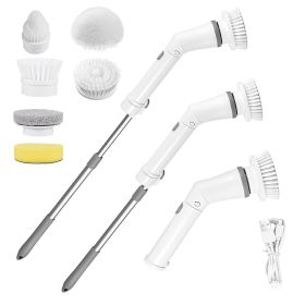 1Set Electric Spin Scrubber Cordless Rechargeable Telescopic Cleaning Brush 6 Replaceable Heads 2 Speed Adjustable Extension Arm Bathroom Tub Til (Color: White)