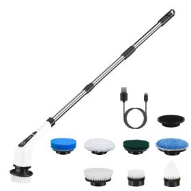 1Pc Electric Spin Scrubber Cordless Rechargeable Telescopic Cleaning Brush 8 Replaceable Heads 2 Speed Adjustable Extension Arm Bathroom Tub Tile (Color: White)
